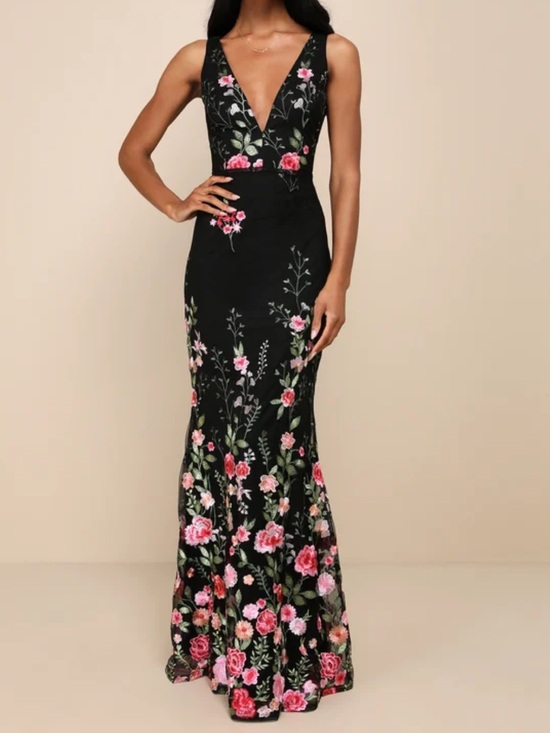 Lulus Dresses & Skirts - NWT-Soiree Blossom Black Floral Embroidered Mermaid Maxi Dress